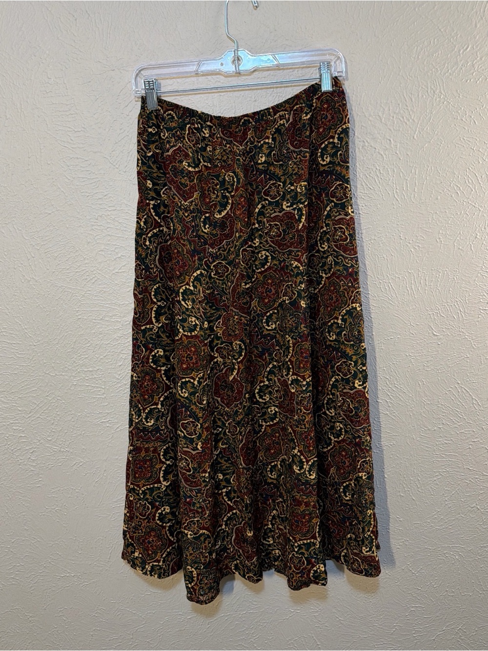 Liz Baker Paisley Midi Skirt in Burgundy, Green, and Cream